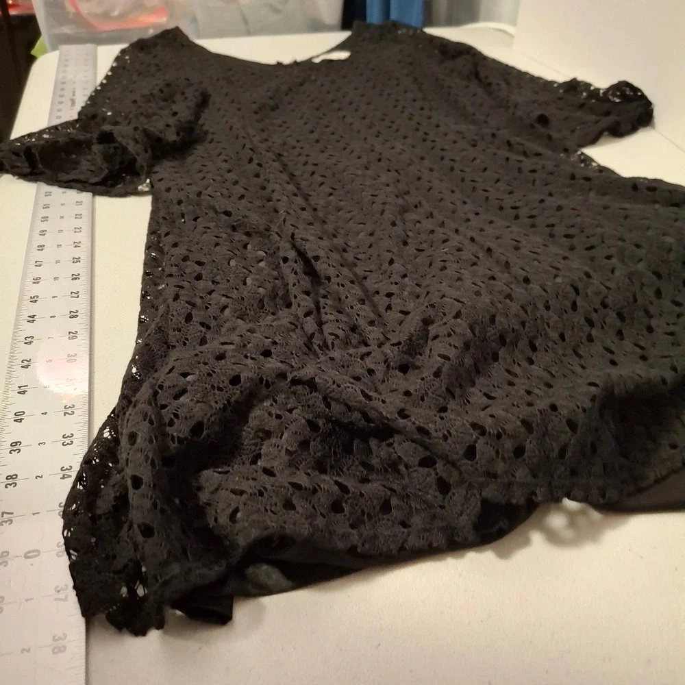 Naif Black Lace V Neck Crochet Bell‎ Sleeve A Line Dress Plus Size 1X